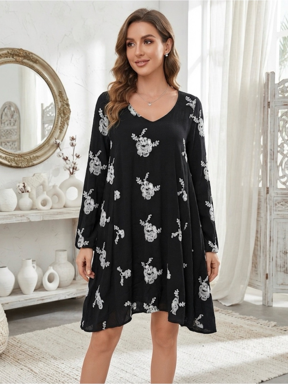 Altar'd State Black Floral V-Neck Long Sleeve Swing Dress